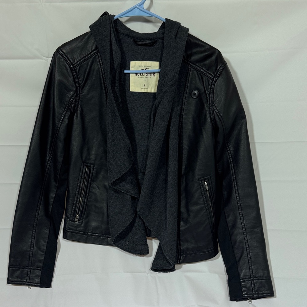 Hollister Black Faux Leather Jacket with Knit Hooded Layer